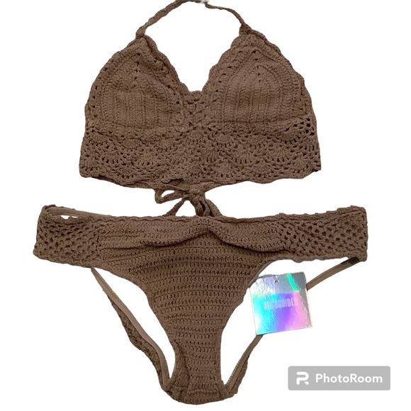 NWT Natural Brown Triangle Crochet Bikini Set with Hipster Pant, Size 6 - Picture 2 of 14